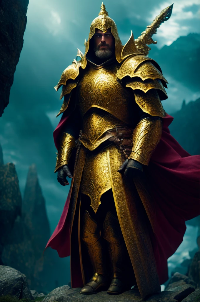 a huge imposing imperial paladin-battle mage hybrid,detailed intricate golden armor,flowing robes,powerful aura,wielding a massive glowing greatsword,radiant energy emanating,intense determination in eyes,standing atop a rocky outcrop,dramatic lighting,epic fantasy landscape,glowing runes,chiaroscuro lighting,moody dramatic atmosphere,highly detailed,cinematic composition,hyper realistic,vibrant colors,8k,masterpiece