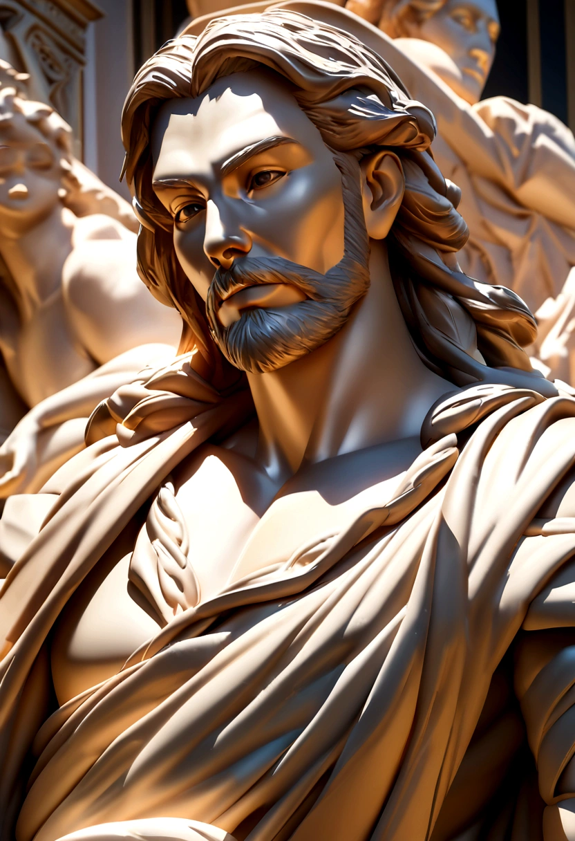Um close do Bustness de um homem com barba, Cinematic Portrait of Bustoo, realistic 8k bernini sculpture, Foto cinematográfica do Bustnesso, highly detailed sculpture, cinematic close-up, Greco-Roman statue, roman emperor, retrato do Bustness, High detail iconic character, Bustness com detalhes intrincados, zbrush art, Bustness com um lindo pescoço, Bustness