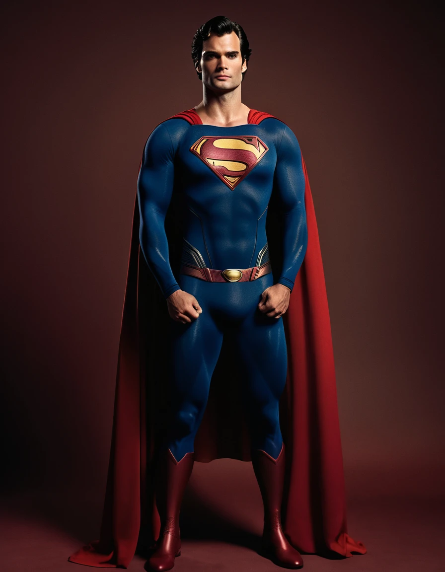 A realistic cinematic portrait of ((one superman)) only, a A realistic cinematic portrait of ((one superman)) only, a blend of Tom Welling + Henry Cavill as Superman, strong body, heroic pose, dark colors on uniform, against solid warm color background, front view, symmetry, full-body shot, cinematic shot, 24 fps, DHR, kodak portra utra, colorpop, white ethereal, analog photo.