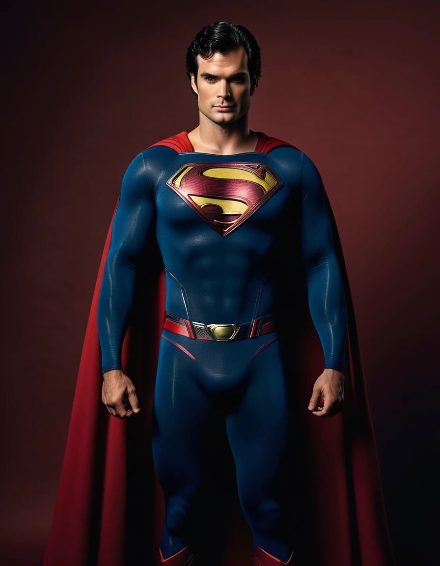 A realistic cinematic portrait of ((one superman)) only, a A realistic cinematic portrait of ((one superman)) only, a blend of Tom Welling + Henry Cavill as Superman, strong body, heroic pose, dark colors on uniform, against solid warm color background, front view, symmetry, full-body shot, cinematic shot, 24 fps, DHR, kodak portra utra, colorpop, white ethereal, analog photo.