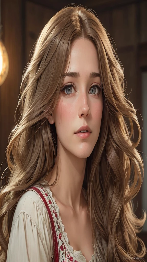 31 year olded beautiful American lady with long brown hair, extremely beautiful, 8K, highly detailed, she has an expressionless face, she has light eyebrows