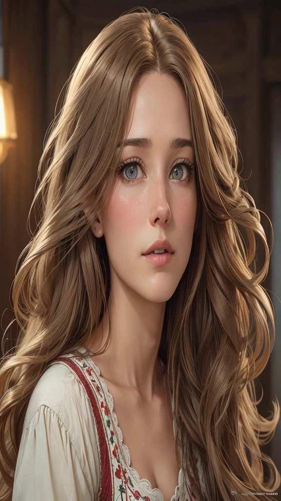 31 year olded beautiful American lady with long brown hair, extremely beautiful, 8K, highly detailed, she has an expressionless face, she has light eyebrows