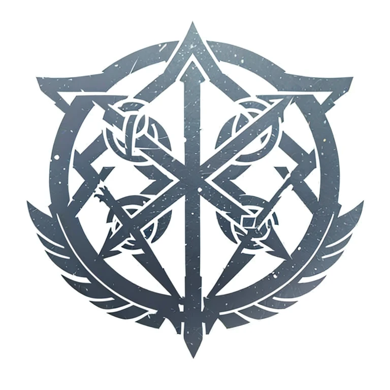 Organic logo using several different weapon types, simple for a metal faction in an RPG world, iron emblem, only gray color, resistant, adaptive, Symmetrical, chic, high qualiy, details always with square corners, com fundo branco