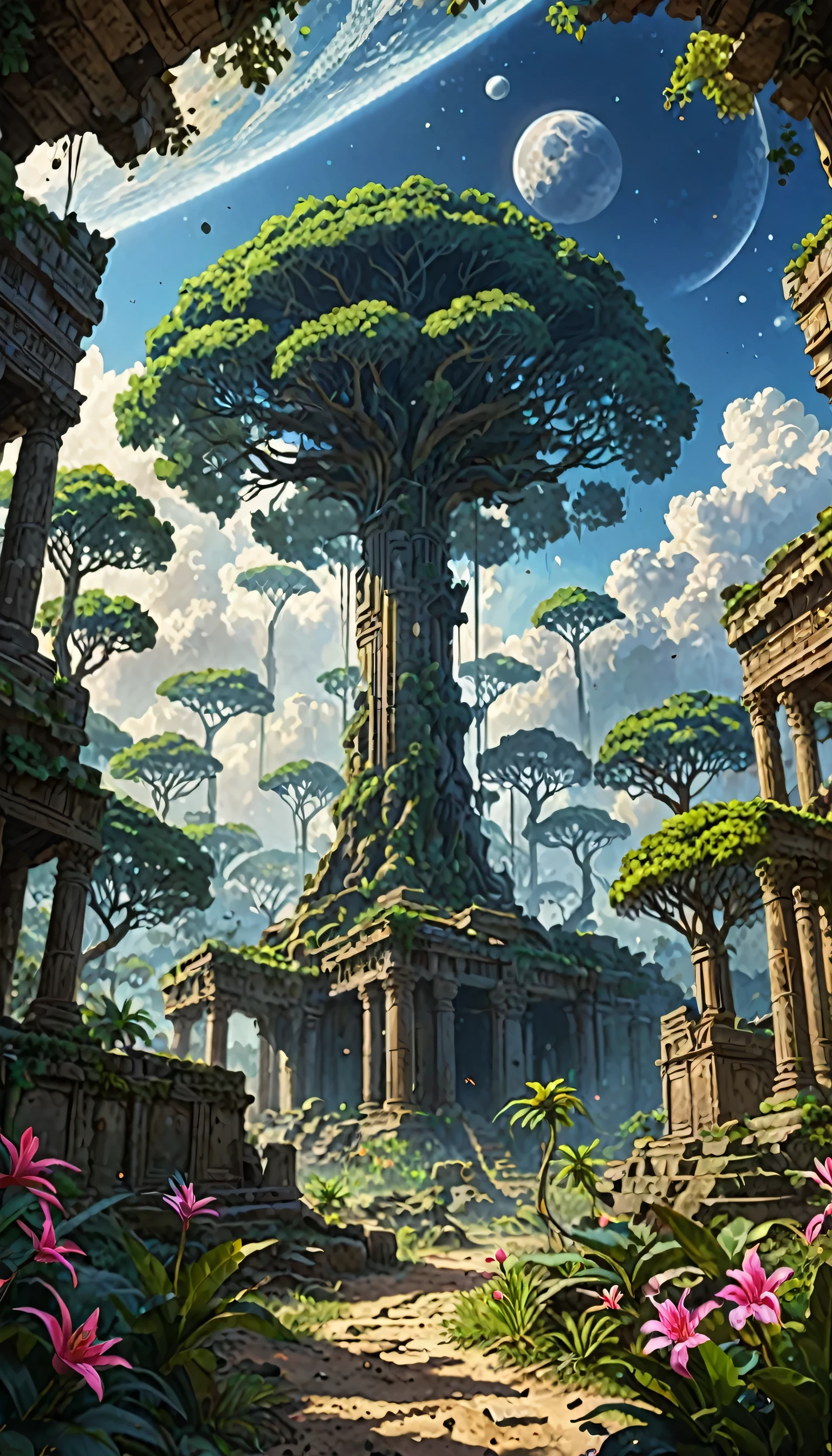 Concept Art,(masterpiece:0.3) Detailed,Bright natural light,Shadow,High Contrast,Alien tropical forest,Two big moons in the sky,Ruins of an ancient civilization,look (A mythical alien plantation not found on Earth. Neon lights of plants like flower.) Tree from the ground々and plants、flower々,View from below,Atmospheric dreamscape painting,dream scenery art,Highly Detailed Fantastic Art,CGI style,Vivid oil painting,Splash Art,A heartwarming mystery,masterpiece 8k wallpapper,Tumor formation,Unreal Engine,Dramatic lighting,Overgrown,ink stain,Ink splash,Ink flows,Ink blotches,Faded ink,ral-dissolve,left,Sand 1,On parchment,