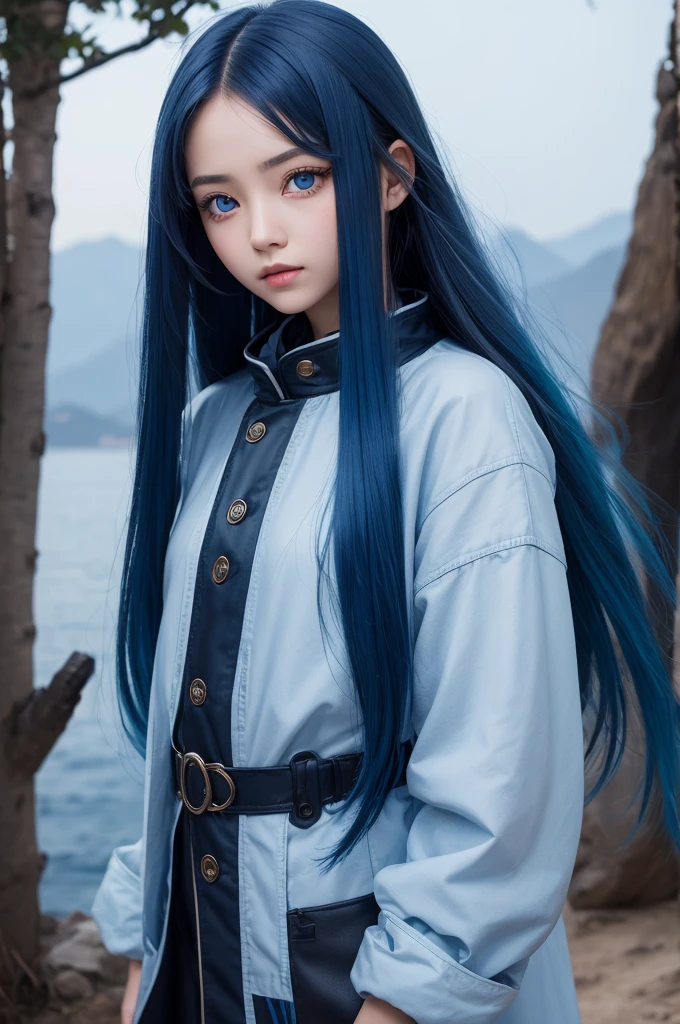 A girl with star eyes, perfect face shape with adventurous clothes and long blue hair