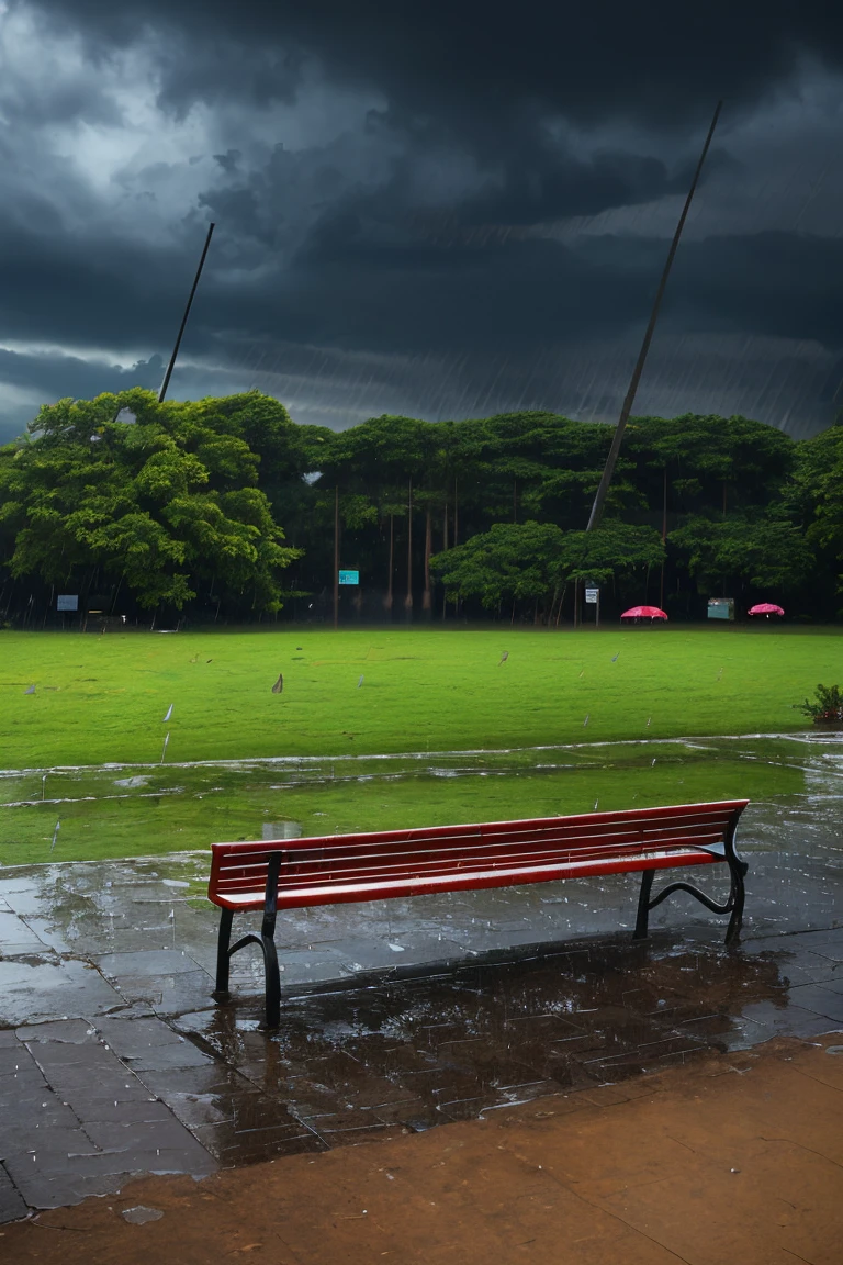 (high quality), (Realistic photos)、Empty park、((rain park:1.5))、((Dark rainy sky:1.4))、Daytime、Rain-soaked bench:1.7、