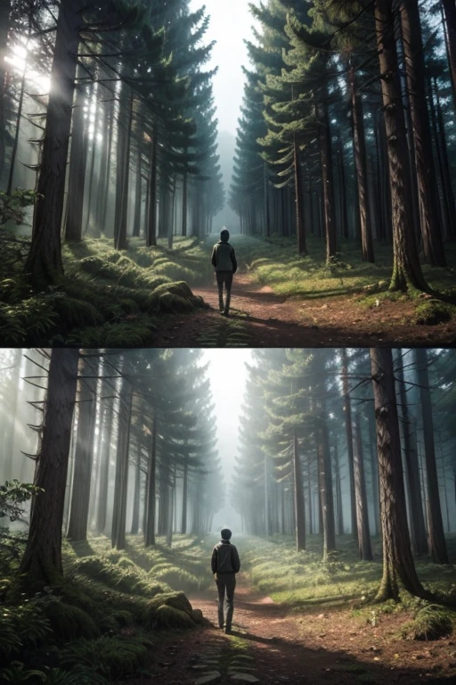 imagine a man in a forest facing away from a cinematic scene