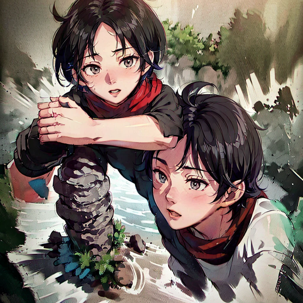 (a boy with a cute face),(youthful face) 14 year old boy (messy black hair),(gray eyes),(black sweatshirt with details),(red scarf),(red cap), neve 