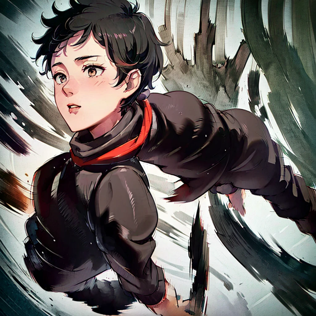 (a boy with a cute face),(youthful face) 14 year old boy (messy black hair),(gray eyes),(black sweatshirt with details),(red scarf),(red cap), neve