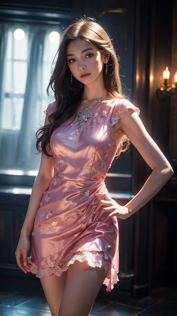 (on the table:1.3), (8K, Photo realismistic, original photo, best quality: 1.4), (Photo realism: 1.4), (surreal: 1.4), (actual: 1.3), (soft light: 1.05), (Improved cinematic lighting: 0.9), 32k, 1 girl, 8K, masterpiece, original photo, best quality, Photo realismistic, Extremely detailed CG unified 8K wallpaper, depth of field, film light, lens flare, Ray tracing, (extremely beautiful face, beautiful lips, beautiful eyes), Intricately detailed face, ((Super fine skin)) 1 girl, in the darkness, deep shadow, Beautiful Korean girl, K-pop idol, 1 girl, (very slim and slender muscular body:1.3), ((view viewer)),(A big smile:1.3), (fashion night, dark night, (neon sign), (blurred background), Fashion street nights),(no one in the background:1.3), beautiful earrings, bracelet, necklace, pantyhose, clear eyes, walk, (pale skin), (big eyes), face forward, (brown hair), (full-body shot), ((silk pink dress:1.3)), ((tights)), ((lace dress)), (view viewer:1.3) Open the breast, very slim, medium breasts, look back, (Recumbent), Ass focus, before eyebrows,(tight dress), 大腿粗 depth of field浅、near method and far method, Perfect body, perfect fingers,