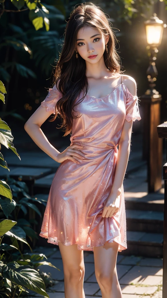 8K, UHD, MAsterpiece, best quality, 1 girl, (realistic face), happy pace, very long hair, small breasts, decorated dress, very beautiful ornaments dress, pink color, lace, mesh dress, sardine, loops, ipllers, depth of field, cinematic lighting, chromatic aberration, motion blur, glowing light, god rays, ray tracing, reflection light, light from the front, knee short, standing, Hand on hip, Frown