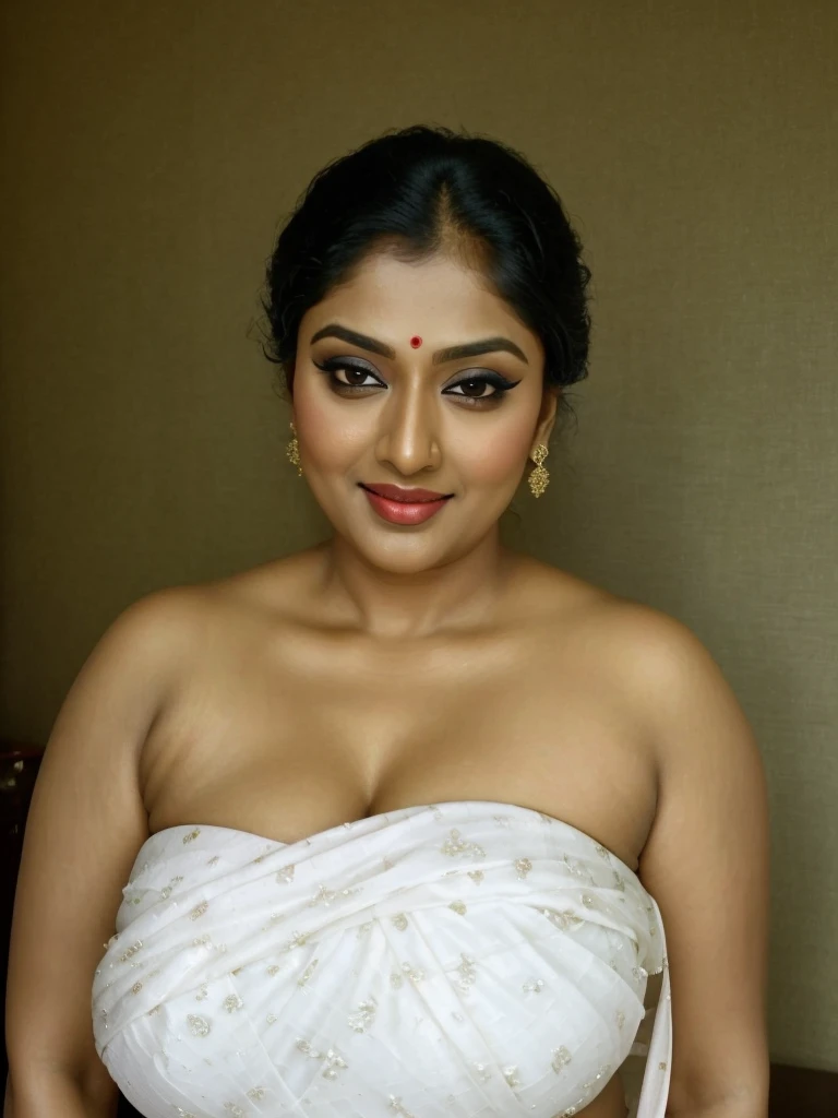 Wearing a sexy satin saree with strapless Bra, sexy Indian housewife, Looks like Indian Actress Nayanthara, actress Nayanthara, mallu, mallu aunty, desi aunty, full figured mature beauty,  sweaty skin , shining skin, sweat, attractive figure, 48 years old, spicy hot, desi milf, desi aunty, a close up of a woman in a red dress in a bedroom, inspired by Avigdor Arikha, sleek!!!, indian super model, wavy hair combed to one side, actress, by Jitish Kallat, smoldering, intense smoldering, fashion, an angel, print ready, with a dramatic looking, inspired by Sudip Roy, seductive look, sexy Saree queen, sexy Saree fashion, seductive Saree,  wear saree, sizzling hot Beauty, red juicy lips, sexy navel folds, fleshy body, curvy beauty, beautiful deep navel, detailed hairy armpits, 