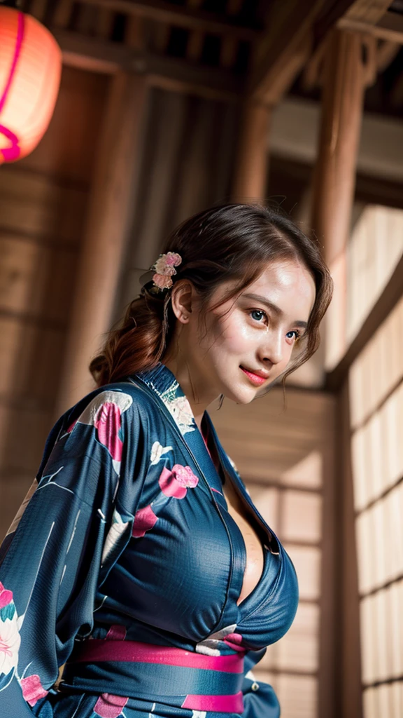 ((20 years old girl)), (wearing luxurious yukata outfit, jewelry: 1.4), ((in a medieval japanese palace)), (night time), (((gigantic size breasts, cleavage))), (hourglass figure), lipstick, photorealistic, masterpiece, realistic, realism, photorealism, high contrast, photorealistic, 8k HD high definition detailed realistic, detailed, skin texture, hyper detailed, realistic skin texture, best quality, (photorealistic:1.4), high resolution, detailed, raw photo, photo realistic, (high detailed skin:1.2), 8k uhd, dslr, soft lighting, high quality, film grain, Fujifilm XT3), hyper realistic lifelike texture dramatic lighting unreal engine, even, neutral light, key light, bold, bright colours, daylight, (balanced saturation), (dynamic lighting), (natural lighting), ((soft red lipstick)), (natural makeup), ((ginger hair)), ((glossy skin)), (colorful lighting), (soft smile : 1.7), (feminine pose : 1.5), ((low angle photoshoot : 1.7)), (look at camera : 1.4), visible nipple, nipple out, wet skin