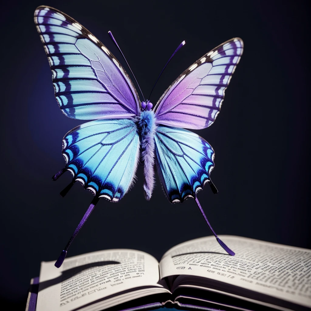 One butterfly blue and purple, on a book, in a ambient with low light