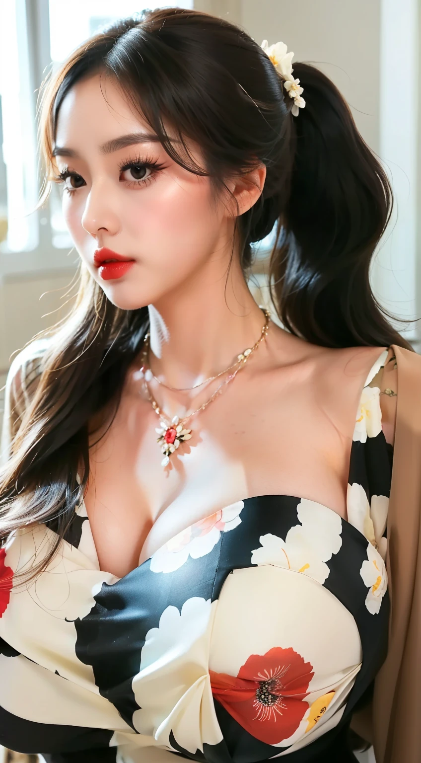 woman((30year old)), hair((black, wavy)), eyes((black, big eyes)), ((silk, floral)), accessories ((necklace)), gigantic breast, big , classic house, korean make-up look, lipgloss, ponytail,