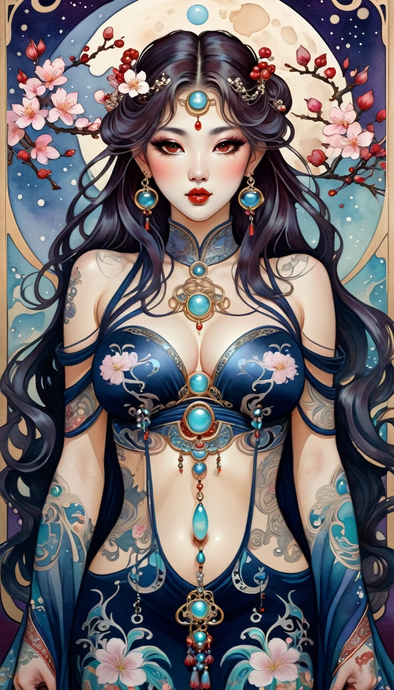((masterpiece)), (best quality), (ish), Art Nouveau watercolor painting , moon goddess , Big breasts,robe,thong,Show your neck,bare shoulders,Show belly button,camel toe exposed,Plum blossom pattern tattoo on butt,big eyes, long, thick eyelashes, plump lips, dark red eyes, hair long and thick, high ponytail, chubby, flowery_background, Intricate designs and patterns in the style of Alphonse Mucha.from behind