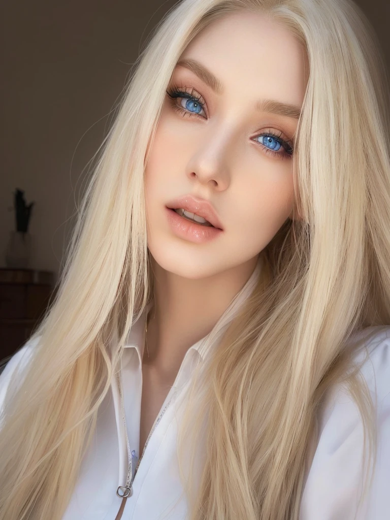 blonde woman with blue eyes and long hair posing for a photo, ava max, long blonde hair and large eyes, Anna Nikonova aka Newmilky, yelena belova, perfect white haired girl, blonde hair and large eyes, angelawhite, angelina stroganova, dasha taran, Aleksandra Waliszewska, Yulia Gorokhova