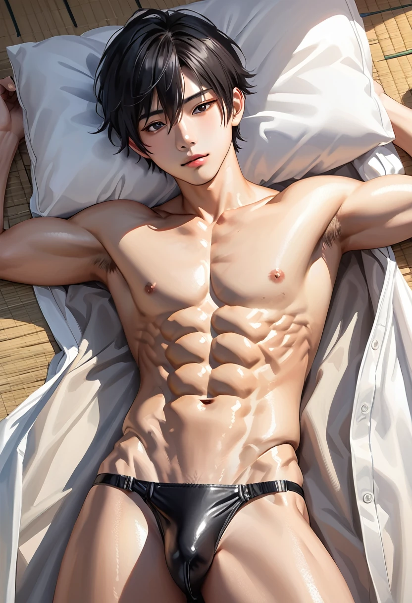 high quality, detailed, Realistic, (one japanese boy), (detailed black eyes), (abs:1.5), (shiny skin), detailed nipples, black hair, (black tiny thong), (erected bulge), summer noon, (smile:0.7), close up face, laying on my side shot,