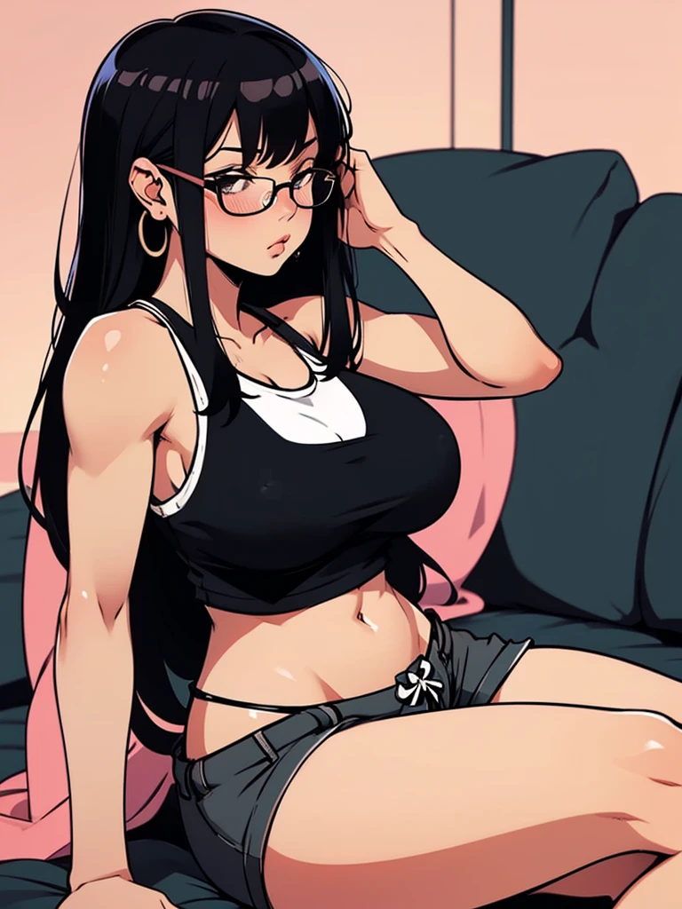 Woman, hot fit body, thick breast, straight beat hair with long bangs, round glasses, tight white tank top, black pajama shorts, sitting and laying back, blush, 