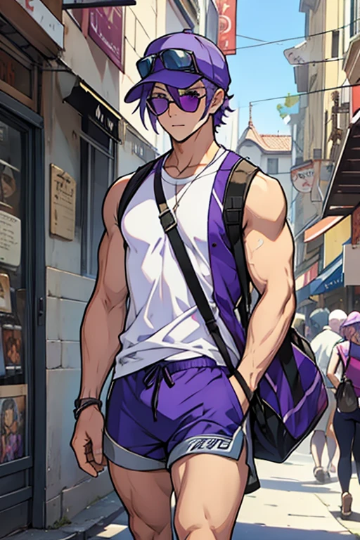 Young man, PURPLE HAIR, blue cap, purple eyes, Sunglasses, white sleeveless shirt, shorts azules