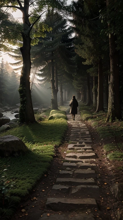 Path Illuminated by Jesus:
“A narrow, rocky path through a gloomy forest. At the center, Jesus Christ is walking ahead, holding a lantern that illuminates the path with a soft light. Ao redor dele, the dark environment is transformed into a serene and hopeful landscape.”