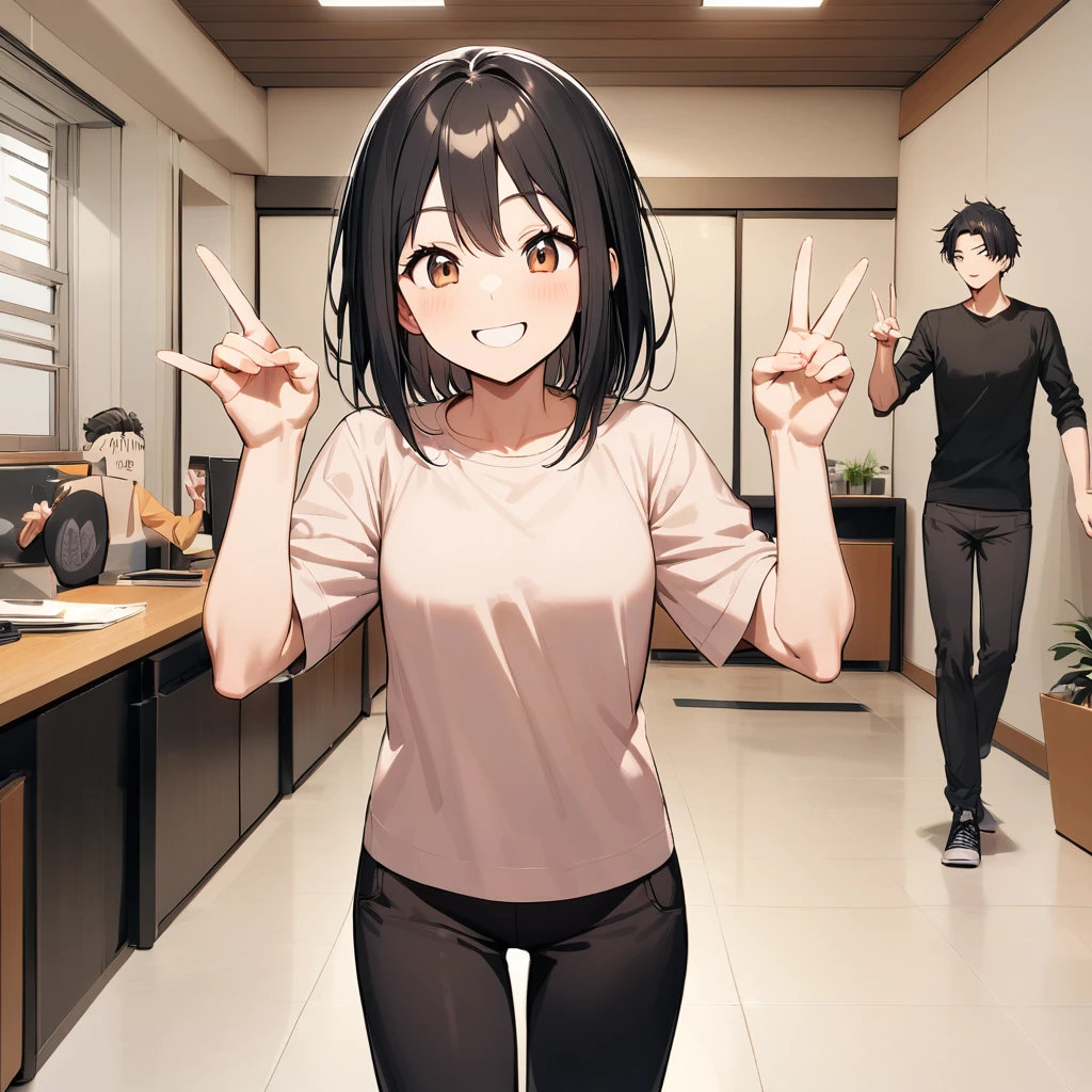 A confident smile, Two students demonstrating a gesture commonly associated with a peace sign while speaking by, slacks, Black Hair, indoor, in, skirt, shirt, ((((complete fiine fingers))))