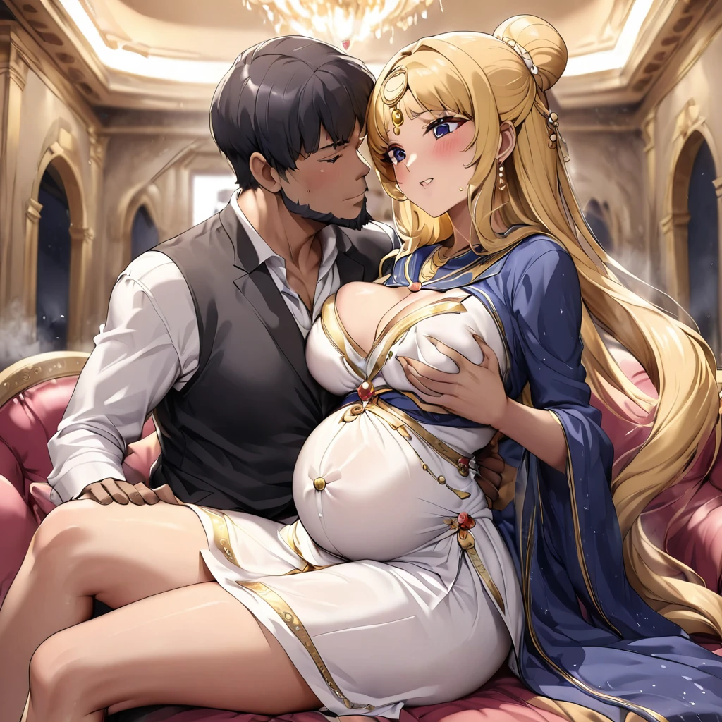 ((Highest quality)), ((masterpiece)), (detailed), (Perfect Face)、The woman is a vivid brown-skinned Egyptian named Tsukino Usagi, and is wearing a gorgeous, glittering Egyptian traditional dress with gold embroidery, a gorgeous hijab, gorgeous jeweled accessories and an engagement ring in a luxurious Egyptian mansion. The woman and the man are sitting on a luxurious, large sofa in the luxurious room, and the woman is being embraced by a dignified, bearded middle-aged man wearing Egyptian traditional dress, who is touching her breasts and crotch and kissing her.、The woman is the elegant Tsukino Usagi, with long blonde hair in a chignon twin tail. The woman is an Egyptian with vivid brown skin and wearing Egyptian clothing.、(The woman is the dark-skinned Egyptian Tsukino Usagi.)、the woman is pregnant
