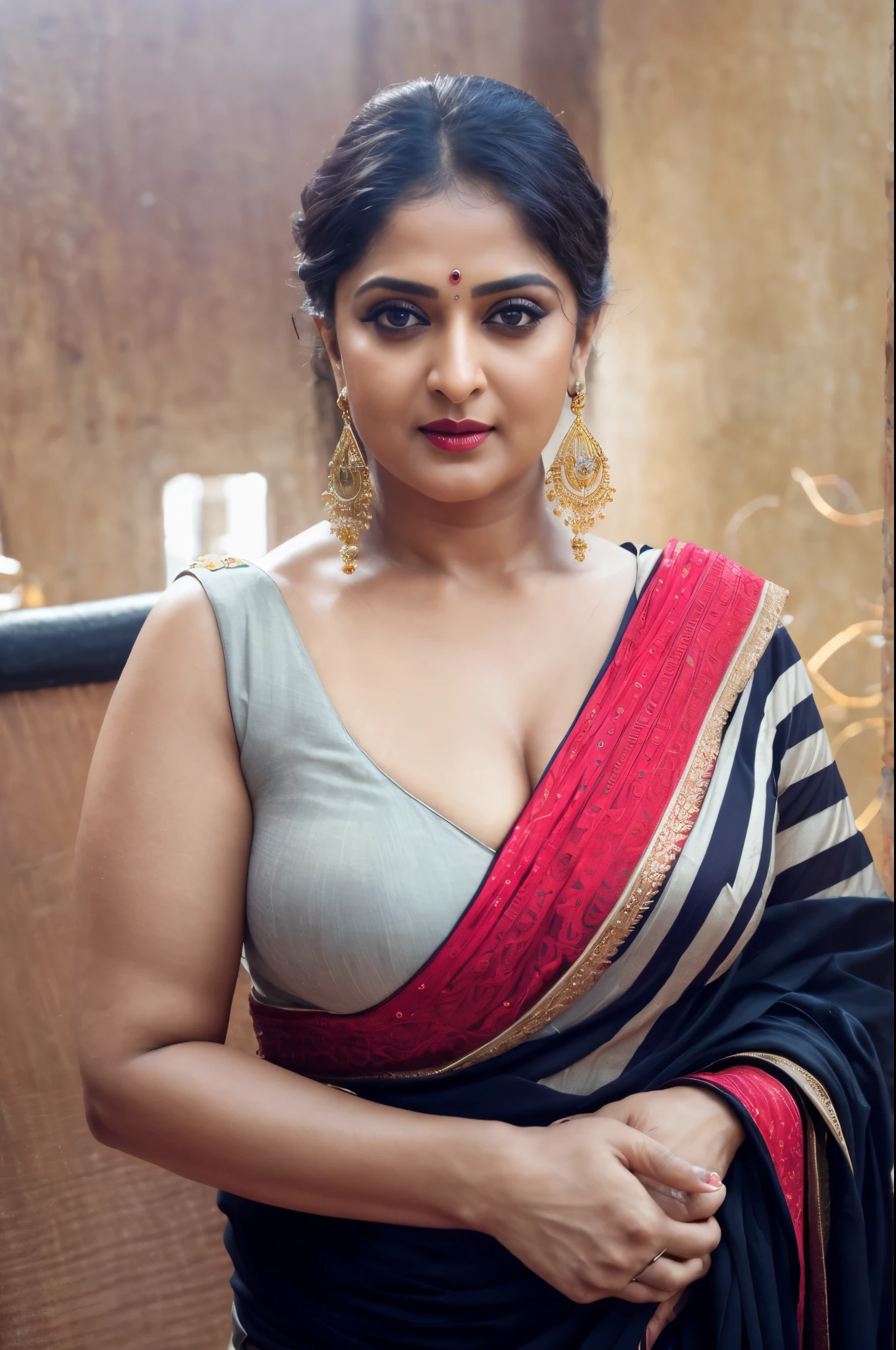 50yo mature MILF Anushka Shetty,((best quality)), ((masterpiece)), ((realistic)), eye kajal, mascara, red lips, sensual Beauty, provoking body, extreme sweat, sweat soaked skin, slight stretch marks, alluring figure, bulging figure, thick charming lady, curvy, thick navel, full figured woman, eye kajal, massive breast, full body, styled hair, pierced eyes, female face,royal aura, trend on artstation , sharp focus, studio photo, intricate detail, very detailed, detailed eye, illustration, very detailed, sharp focus, digital render, professional, 4k