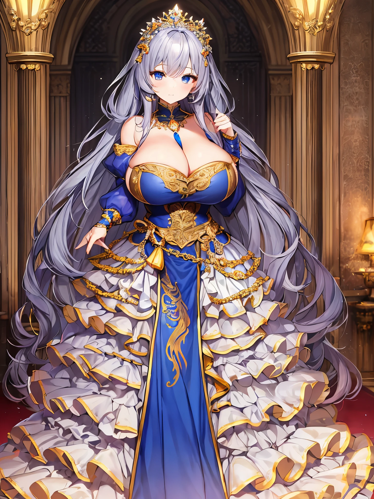 ((moe anime artstyle)),((Masterpiece)),(Best Quality),((Super Detail)),((Very Delicate and Beautiful)),((Solo)),full body,((full body portrait)),(((1 bling-bling Queen in beautiful embroidery and jeweled gorgeous rococo ballgown with voluminous full length crinoline hoop skirt))),(((((absurdly gigantic tits))))),(deep cleavage),Skindentation,(detailed face and eyes),jewel-like eyes,((crinoline,long train,beautiful embroidery and lace)),super detailed voluminous gorgeous rococo ballgown with voluminous full length crinoline hoop skirt,((bling-bling voluminous gorgeous rococo princess ballgown with beautiful embroidery and jeweled)),((Very Long Straight Hair,large amount of straight hair, absurdly long Straight hair)),extremely gorgeousfull hair ornament,((extremely gorgeous big tiara)),luxurious jewelry,((beautiful embroidery and jeweled gorgeous rococo ballgown with voluminous full length crinoline hoop skirt)),(((absurdly gigantic tits))),full body,(fantasy castle)