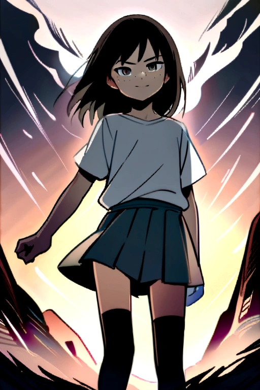 13-year-old girl with a small nose, bright eyes and a smile in a white t-shirt with medium-sized freckles with the t-shirt tucked in and a short gray short skirt with knee-high stockings in low black sneakers