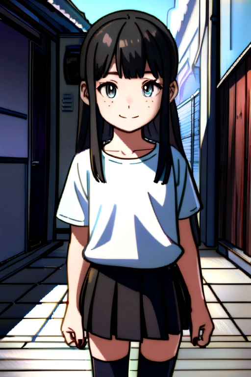 with a small nose, bright eyes and a smile in a white t-shirt with medium-sized freckles with the t-shirt tucked in and a short gray short skirt with knee-high stockings in low black sneakers