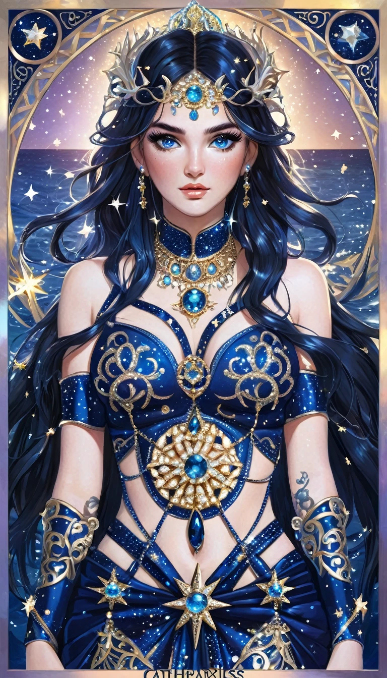 ( High quality , Ultra-detail, carefully with your hand )Zodiac sign - Sagittarius goddess , Similar to Latin goodness . Optimistic, Honest-minded, funny and intellectual face . Reckless, Kaltherzig, impatient, Exuberant style . dark blue eyes (eye detail) , deep blue hair with bling-bling , Transparent dress , in the ocean with stars , full entire body , Feuer-Make-up-Look , Gott Chiron