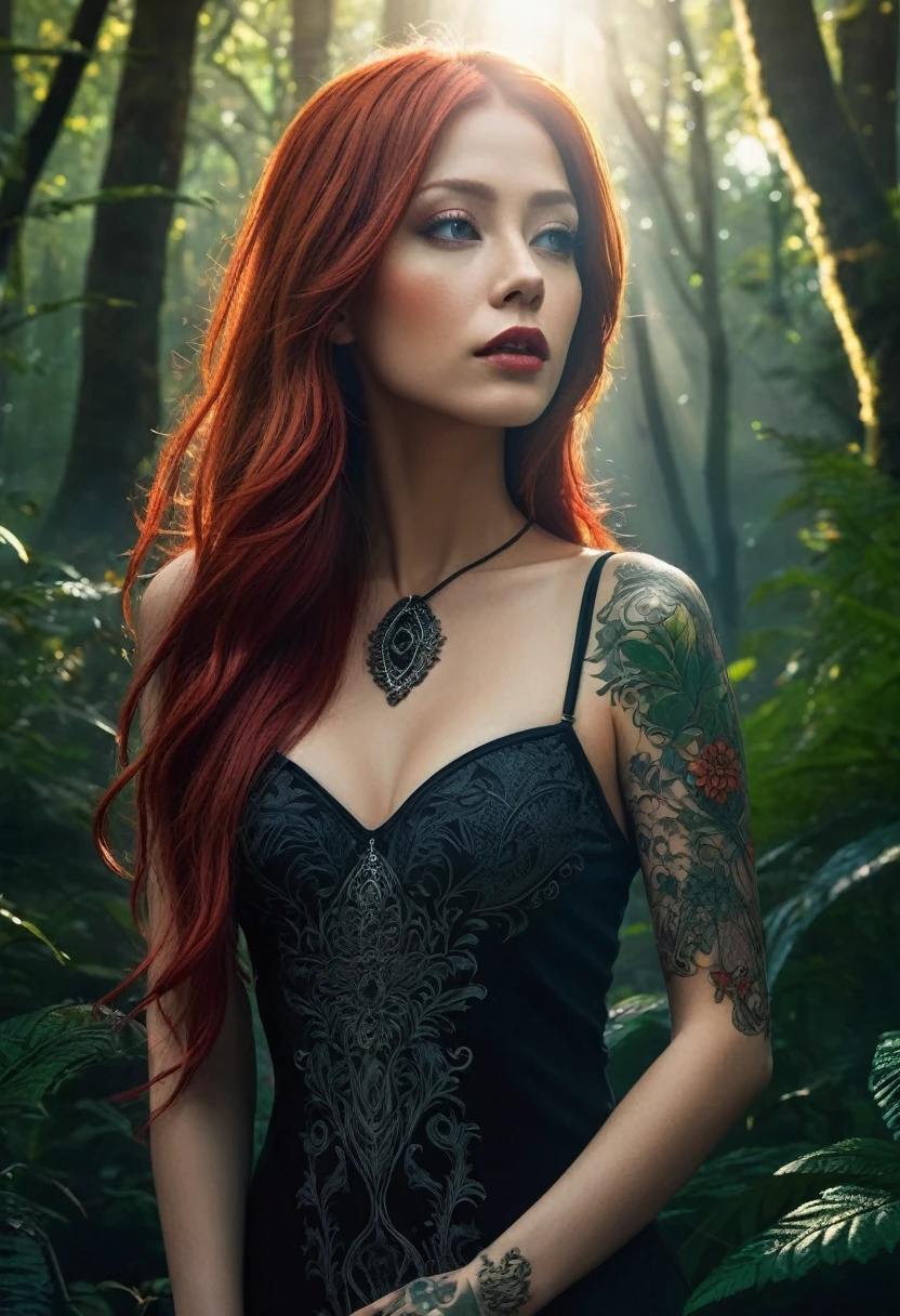 "Transport yourself to a world of fantasy and wonder with this visually striking digital artwork. A mysterious woman with long red hair and a captivating black outfit stands amidst a lush forest, her body adorned with intricate tattoos that seem to come to life under the glowing sun."