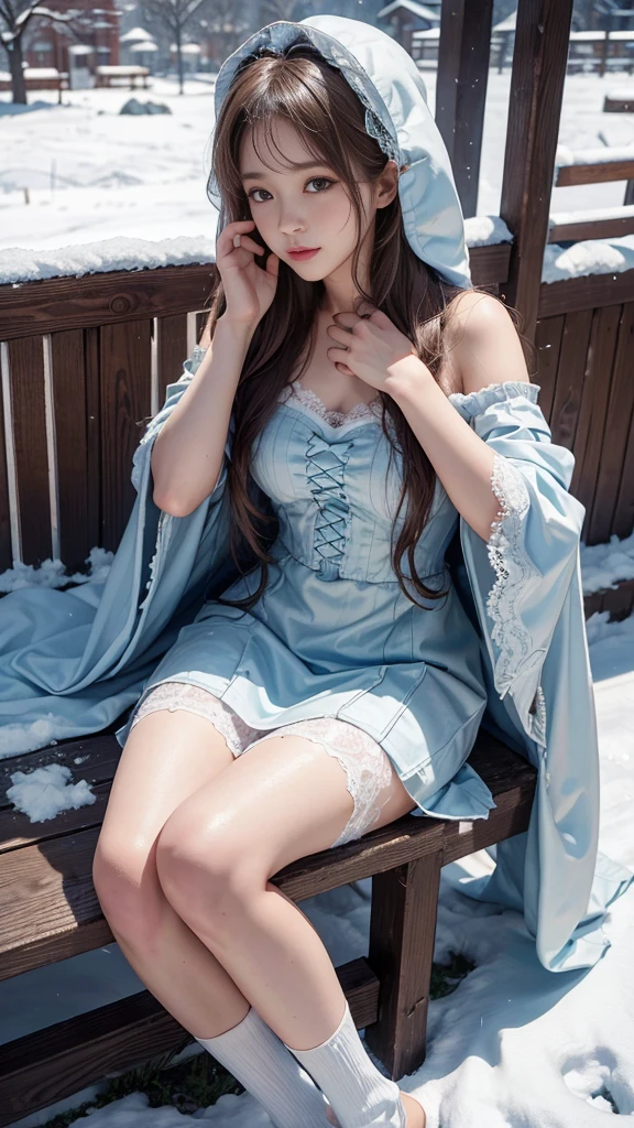 (8K,RAW photos, best qualtiy, tmasterpiece:1.2),(realisticlying, photograph realistic:1.4),Hide your face with sadness,
Lolita costume,Lace, Aerith Gainsborough, The upper part of the body,upper legs,Lace, undergarments,exposed bare shoulders, do lado de fora, (outside,Covered with snow,cloaks,) high high quality, Adobe Lightroom, highdetailskin, looking at viewert,