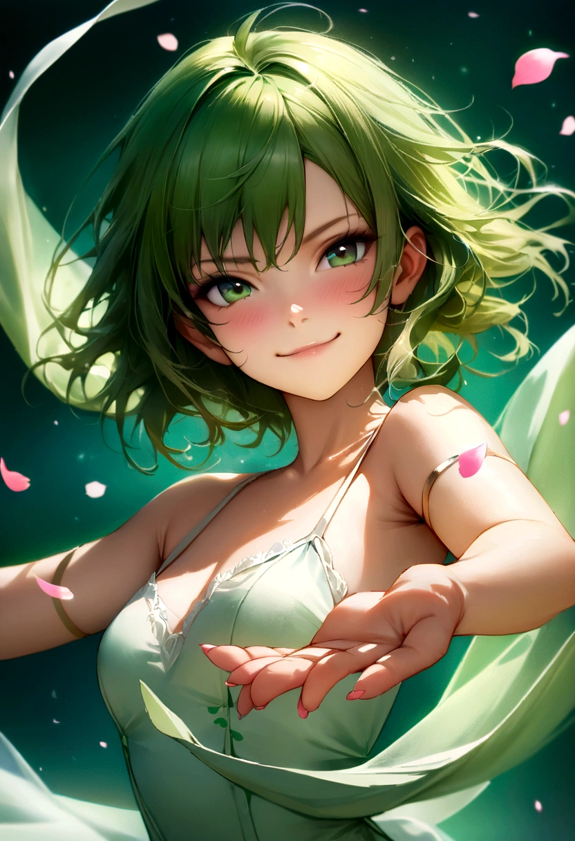 A beautiful and delicate portrait of a cute playful girl with short youthful hair, black hairr, Emerald Green Sea, mean smirk, petals dancing, (Top  Quality, ​masterpiece, ultra-realistc) and petals floating in the background