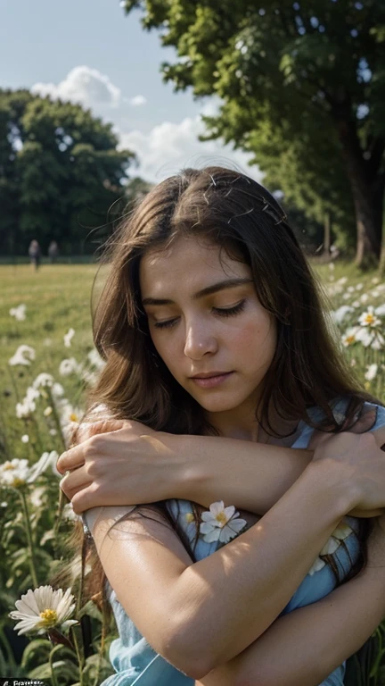 Divine Embrace:
"Jesus Christ, with a face of love and peace, is hugging a visibly exhausted and dejected young woman. They're in an open field, with flowers around and a clear blue sky. The soft light emanates from the embrace, representing the renewal of courage and the presence of God in difficult times.”