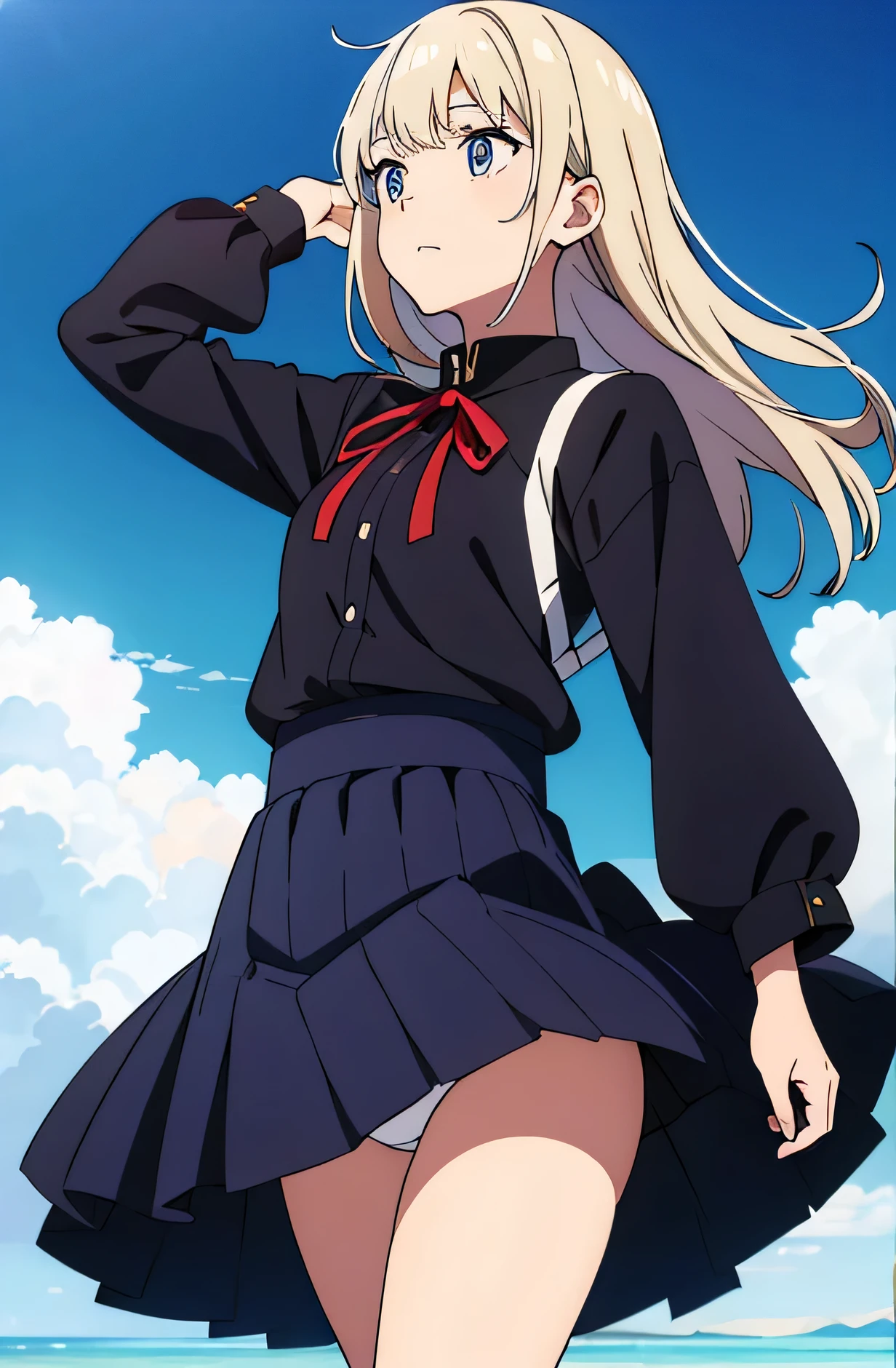 Soundless Kyoko Low Angle、Long skirt、

Navy blue skirt Holding the skirt that is being blown up by the strong wind with her hands Long skirt uniform、The color is dark blue、

、A skirt that flips up in a strong wind A bright white anime plain white panties、The crotch is visible. Anime painting.、
