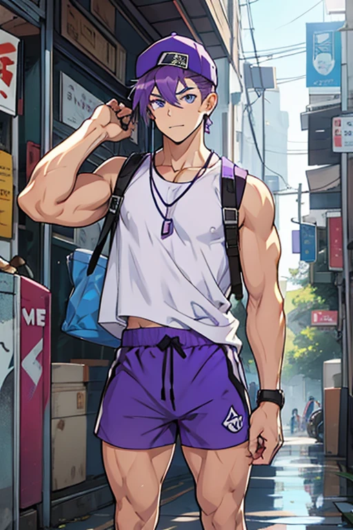 Young man, PURPLE HAIR, blue cap, purple eyes, white sleeveless shirt, shorts azules