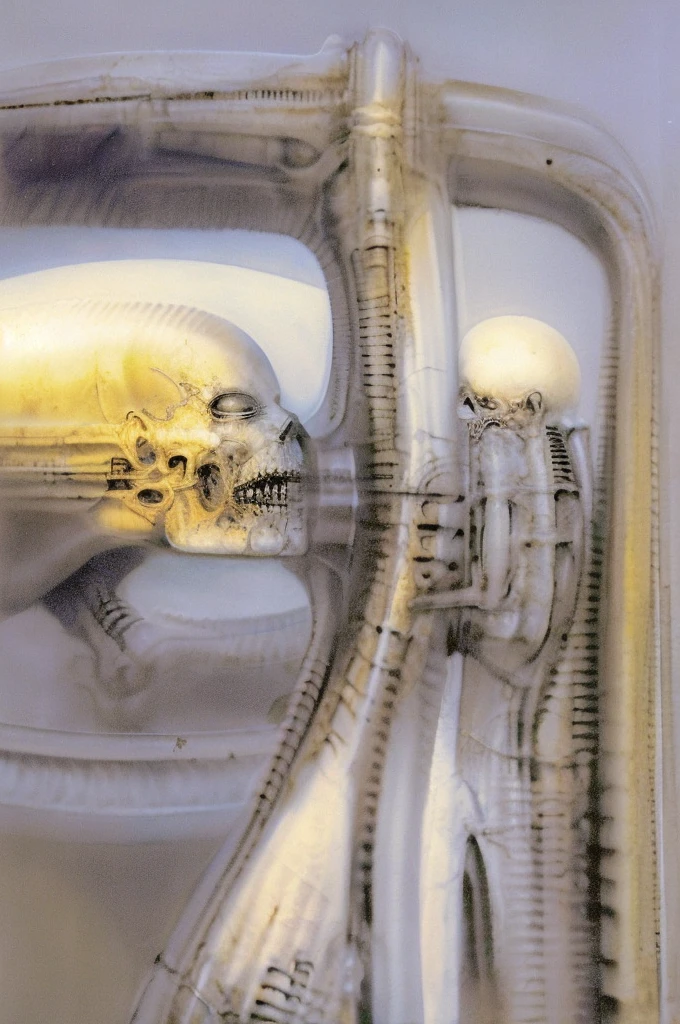 g1g3r, Giger_style, The image is a detailed view of H.R. Giger's \" Li II \" plate, featuring a complex network of bones and organs in a purple-brown hue ,swirling gray and brown colorsgroup of three alien figures positioned in the foreground. Emaciated and skeletal, with hollow eyes, they appear to be constructed from bone and metallic elements, a characteristic fusion of organic and mechanical forms found in Giger's biomechanical art.
The image features a robotic humanoid figure with intricate mechanical details, standing in a room with a glowing screen displaying the word \"EVE\" and a hand reaching out to touch its face. The background is a dark and limited space painted in a uniform blue-green color. This lack of detail keeps the focus on the figures and creates a sense of mystery about their environment. Receding into the distance are a series of arches and tunnels that hint at a larger biomechanical landscape, possibly the work of the creatures themselves The artwork is silver and purplish brown, with an ivory bones prominently displayed. The image is highly detailed and intricate, almost like a 3d version of a medical diagram (detailed view of an anatomy model, possibly of a human body, with transparent organs and bones exposed). The piece has a thick mechano-organic texture and is covered in fine details. The image has a swirling, organic quality to it. The artistic manner would be unmistakably Gigeresque. A dark and unsettling beauty would permeate the piece, blurring the lines between fascination and repulsion , forever haunted by the grotesque allure. Giger's signature artistic manner would be evident in every stroke. The airbrush would be wielded with masterful precision to create a hyperrealistic yet nightmarish aesthetic.., ooze soaked pajama top