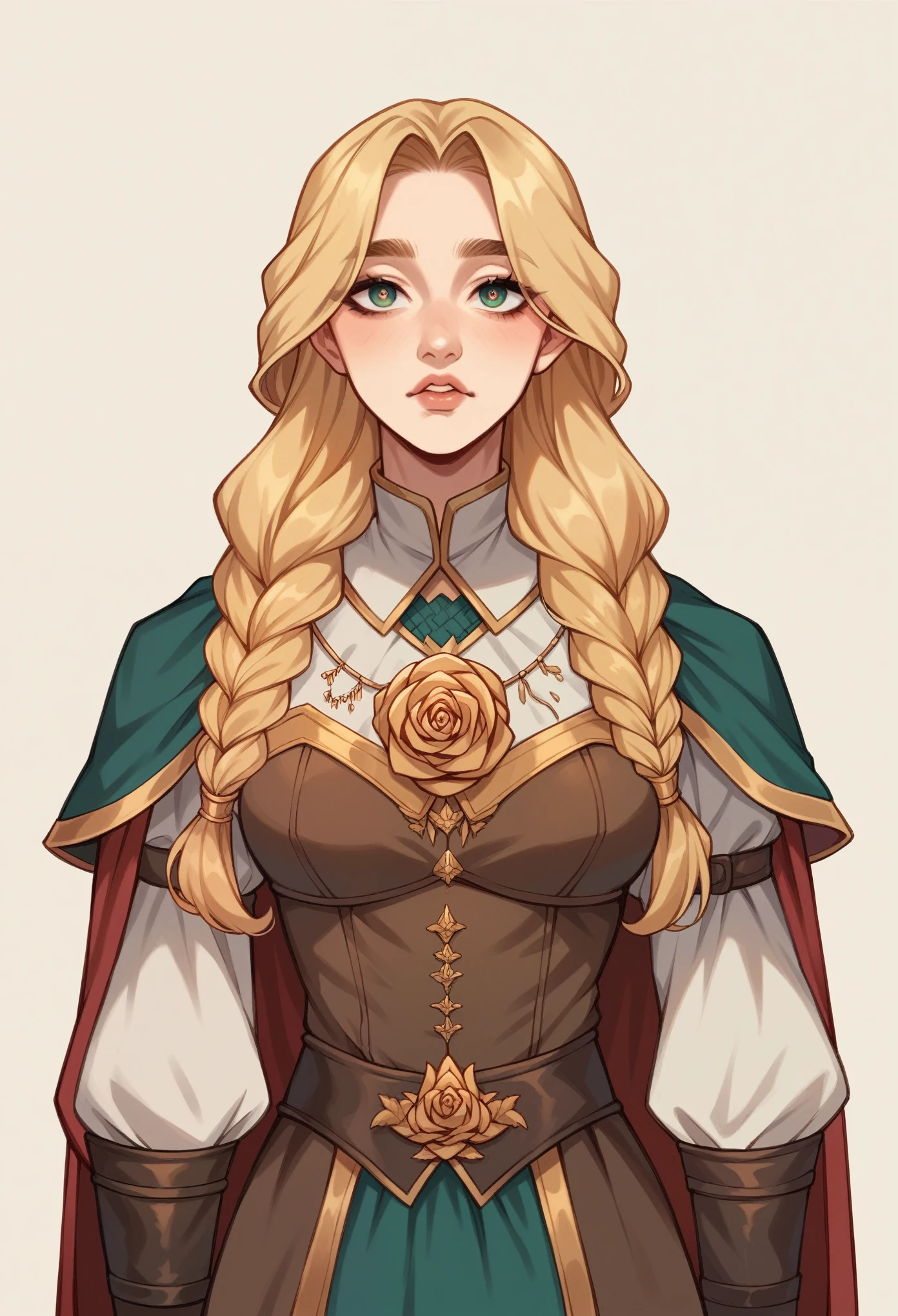 A 15-year-old female human with an ectomorph build, light-medium skin, and long, rose gold hair styled simply. Her triangular face is delicate and pretty, with almond-shaped eyes that are full of dreams. Thin lips and a small, straight nose give her a sweet and gentle appearance. Her medium, high-arched eyebrows add a touch of sophistication to her youthful beauty. Clothing of a medieval fantasy adventurer warrior traveler
