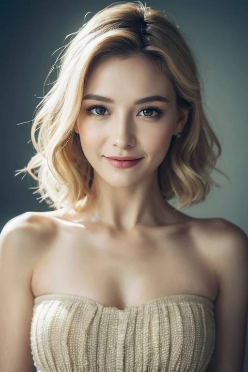 ((Highest quality, 8K, masterpiece:1.3)), concentrated:1.2, Beautiful woman with perfect figure:1.4, Stick your butt out:1.2, ((Cut your hair in layers:1.2)), (Medium sized breasts),(Bandeau dress:1.5), Highly detailed face and skin texture, Detailed eyes, double eyelid,Whitening the skin,Long white hair,(Keep your mouth shut:1.3),smile