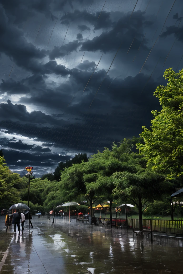 (high quality), (Realistic photos)、Uninhabited park、((rain park:1.5))、((Dark rainy sky:1.4))、Daytime、