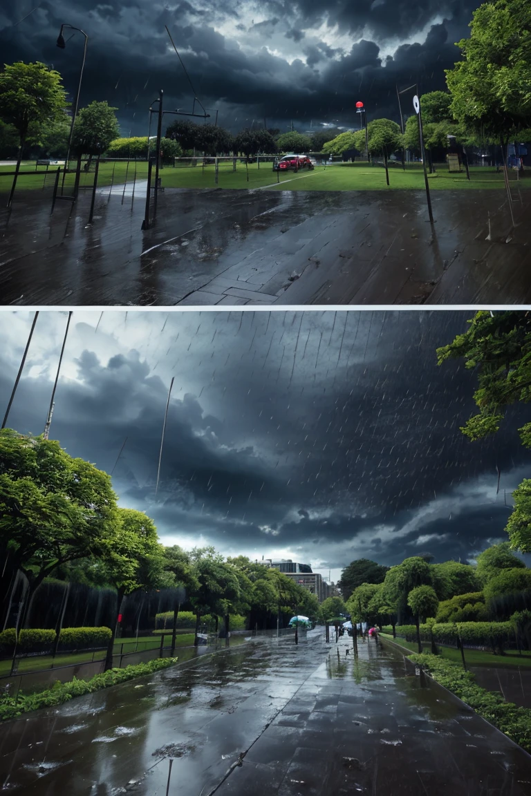 (high quality), (Realistic photos)、Uninhabited park、((rain park:1.5))、((Dark rainy sky:1.4))、Daytime、