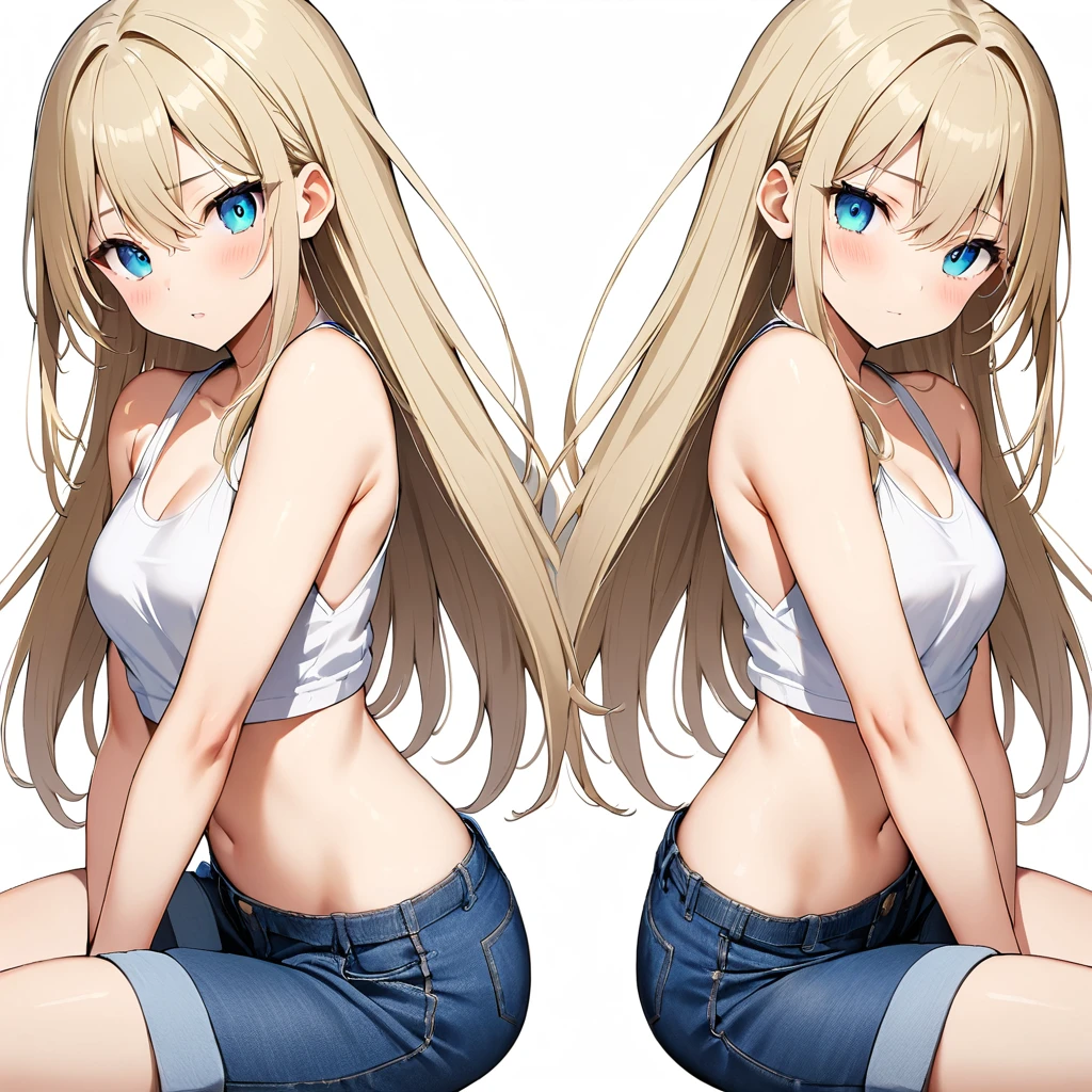 16k works,Highest quality,18-year-old,No background.White background only,whole body、Sexy pose, One person, Beautiful Face,, Symmetrical eyes, Perfect body, Good balance、 Perfect body、Split, Long Hair, White sleeveless tank top,Blue Denim Shorts
