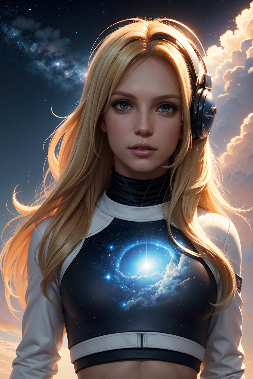 36k, portrait of a blond hair Britney Spears with astronaut helmet walking, visor, stars, planet, clouds, crop top, abs, wlop, rossdraws, artgerm, artstation, greg rutkowski