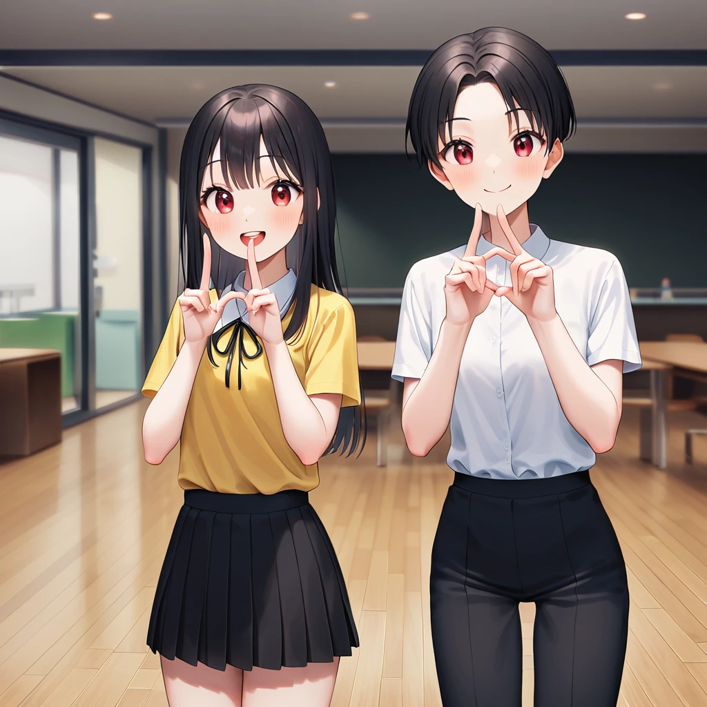 A confident smile, かわいいポーズをとっているtwo students demonstrating a gesture commonly associated with a peace sign while speaking by レストラン, slacks, Black Hair, indoor, in, skirt, shirt, ((((complete fiine fingers))))
