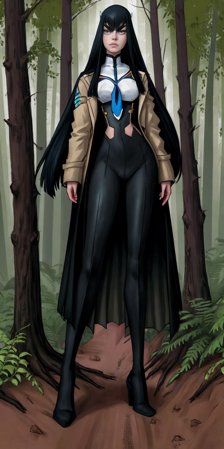 female Satsuki Kiryuin, Satsuki Kiryuin from Kill-la-Kill, mesh stockings, full height, bottom view, best quality, very detailed, ultra 8k resolution, coat, vest, long skirt, portrait, full body, victorias clothing, long dress, knight, pants, black skin suit, plants, vest, polo shirt, forest, long skirt