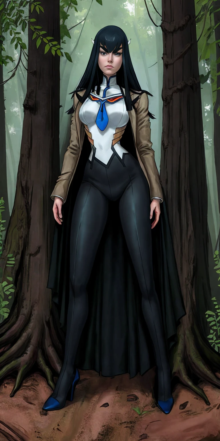 female Satsuki Kiryuin, Satsuki Kiryuin from Kill-la-Kill, mesh stockings, full height, bottom view, best quality, very detailed, ultra 8k resolution, coat, vest, long skirt, portrait, full body, victorias clothing, long dress, knight, pants, black skin suit, plants, vest, polo shirt, forest, long skirt
