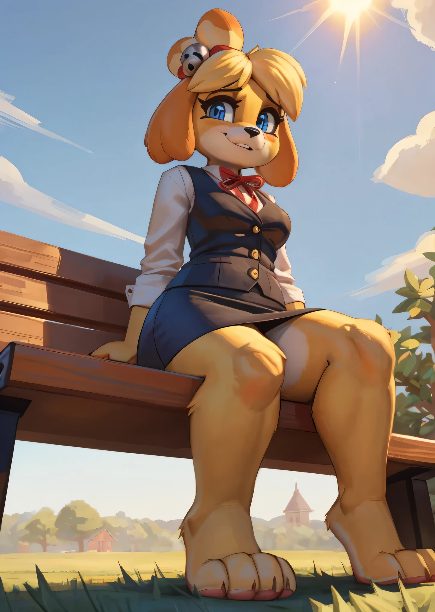 [isaCrossing], [Isabelle], [Animal Crossing], [Uploaded to e621.net; (Pixelsketcher), (wamudraws)], ((masterpiece)), ((HD)), ((high res)), ((solo portrait)), ((full body)), ((feet visible)), ((low angle view)), ((furry; anthro)), ((detailed fur)), ((detailed shading)), ((beautiful render art)), {anthro; (slim figure), yellow fur, black nose, (cute blue eyes), (blonde hair), (bells in hair), topknot, fluffy tail, (curvy hips), (beautiful legs), (cute feet), (four toes), (paw pads), (blushing), (cute smile)}, {(red ribbon in hair), (short green vest), (navy blue pencil skirt), white panties visible, upskirt}, {(sitting on bench), (hands in lap), (nervous demeanor), (looking at viewer)}, [background; (park), (grass plains), (beaten path), (blue sky), (sun rays), (ambient lighting)]