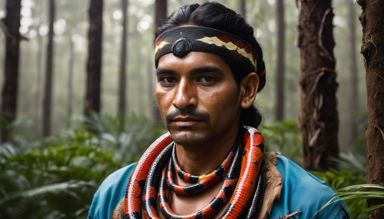 Brazilian Indian man, at the forest, holding a coral snake, hyper realistic face, With Details, adorned with indigenous clothing